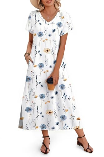 Image of Zeagoo Women Summer Floral Dress Short Sleeve Beach Dress with Pockets Casual V-Neck Split Long T-Shirt Dress Travel Vacation