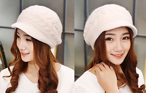 Elonglin Gorro feminino de inverno canelado de malha Skullies gorro de esqui forrado, Branco, Tamanh