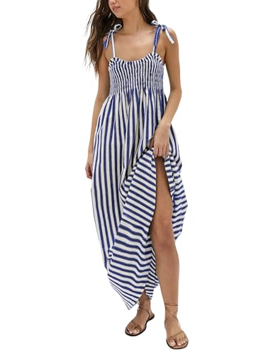Image of Lentta Women's Striped Smocked Maxi Dress Causal Spaghetti Strap Stretchy Flowy Swing Long Dress with Pockets