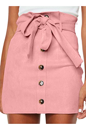 Meyeeka Womens Sexy Faux Suede Plus Size Mini Short Skirt A Line Bodycon Belted Clubwear XL Pink