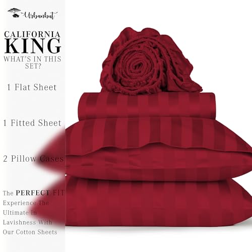 URBANHUT 800 Thread Count Egyptian Cotton Damask Striped California King Size Sheets Set (4 Pc) - Ultra Soft Sateen Weave Cal King Size Bed Sheets, Luxury Hotel Sheets with 16" Deep Pocket - Burgundy