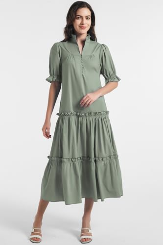 Image of D-Sun Women Casual Button Down Maxi Dress Short Puff Sleeves Stand Collar Tiered Elegant Flowy Swing Long Dress with Tie