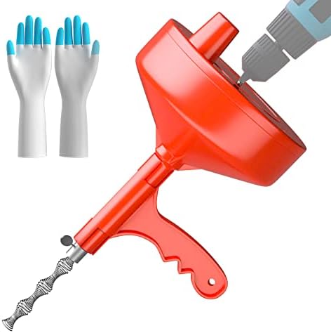 Drain Auger, Plumbing Snake With Drill Adapter, 35ft Flexible Sink Drum Auger and Drain unblocking Snake, Manual Or Powered With Work Gloves and Storage Bag- NOT Auto feed and back