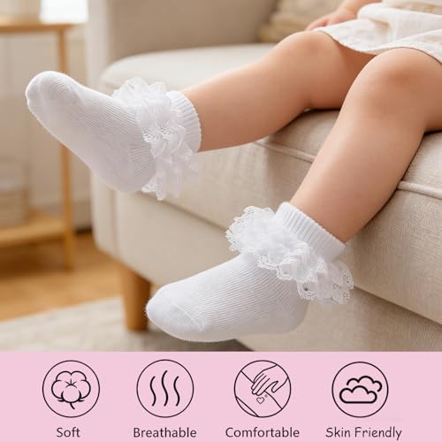 Image of Epeius Baby-Girls Eyelet Turn Cuff Ruffle Lace Socks Triple Lace Dressy Socks Newborn /Infants /Toddlers 3 /5 Pairs