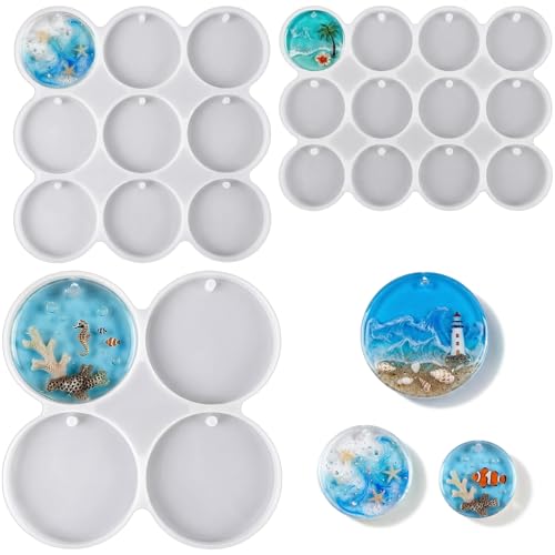 3 Pcs Circle Silicone Molds 25 Cavity Round Resin Molds Drilled Circle Molds for DIY Earrings Keychains Pendants Pet Tags