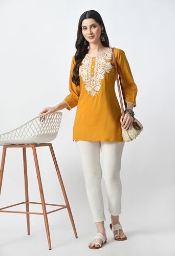 Image of LIBOZA Kurti for Women - Short Chikankari Kurtis for Girls, Lakhnawi Tunic Top Kurta Design for Ladies, Woman Ethnic Kurthis & Shirt with Sleeve