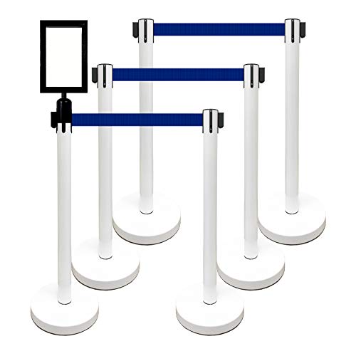 VIP Crowd Control Retractable Belt Stanchion Queue Safety Barrier Set, 36" Ht, 78" Belt + Wall Bracket (6 WHT Posts Blue Belt + SFrame + WBracket)