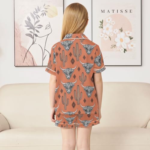 Satin Pajama Sets Short Sleeve Western Cow Cactus Pattern Button Down Silky Nightwear 2 Piece PJS 5-14Y4
