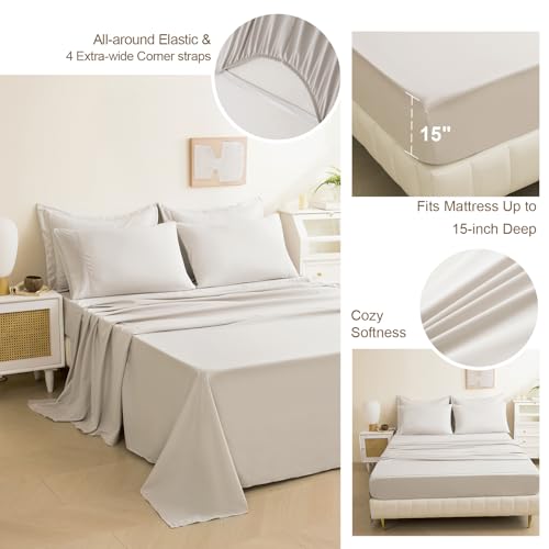 Image of Full Comforter Set Beige Bed in a Bag 9-Pieces,Water Wave Quilting Design Comforter Set with Comforter,Flat Sheet, Fitted Sheet,Cushion Covers,Pillowcases & Shams(Beige, Full)