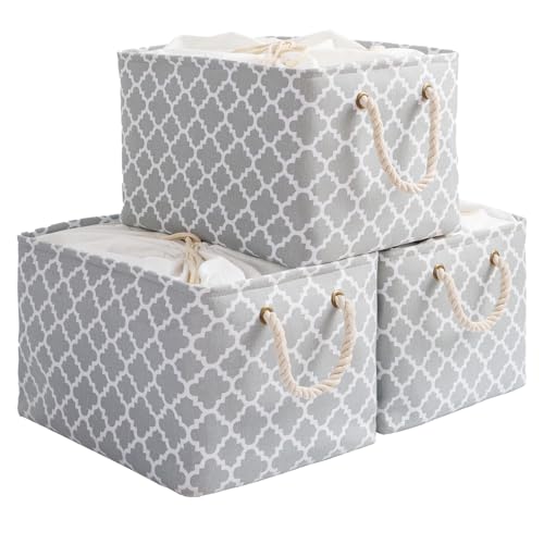 OUTBROS Aufbewahrungskorb, 38x28x26cm Stoff Aufbewahrungsboxen mit Kordelzug und Griffen,Große Faltbare Aufbewahrungsbehälter Ablagekörbe (Laterne/Grau, 3-Pack