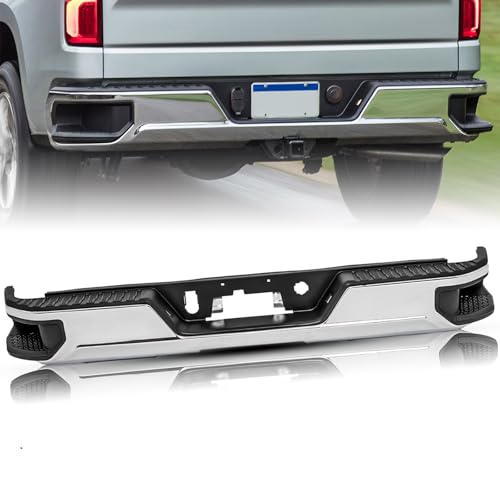 JSBOYAT Rear Step Bumper 2019 2020 2021 2022 2023 2024 Chevy Silverado GMC Sierra 1500 2019-2024 Chrome Rear Bumper W/O Dual Exhuast W/O Sensor Holes