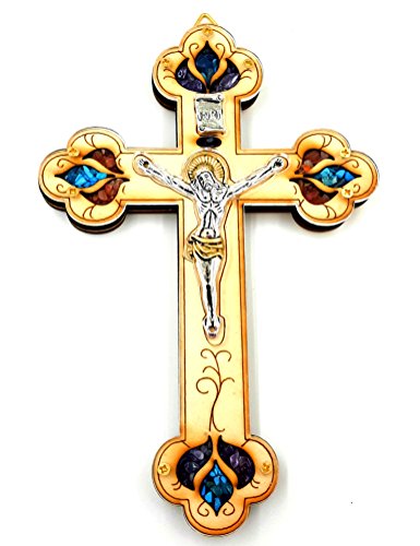 Talisman4U 7" Wood Cross Wall Decor With Catholic Crucifix & Colorful Semi Precious Gemstones Blessed In Jerusalem Holy Land Gift #TOP1