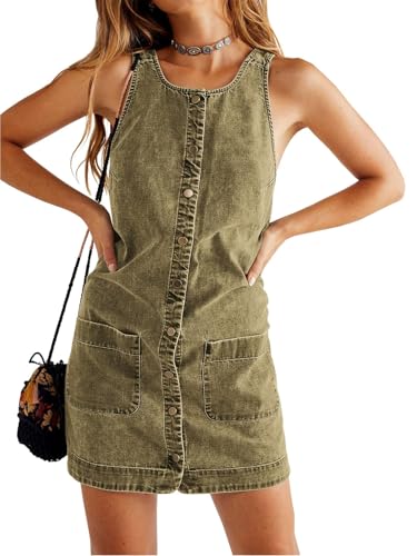 Image of Yousify Womens Casual Sleeveless Denim Overalls Dresses Button Down Summer Jean Mini Dress 2025 Trendy Romper With Pockets