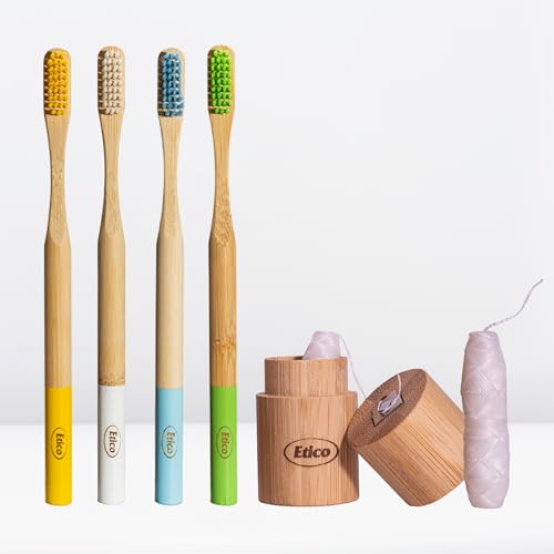 ETICO - Kit Spazzolino Bamboo con 4 Spazzolini Denti, 1 Filo Interdentale Naturale e Ricarica Filo, Spazzolini Bamboo Biodegradabili e Senza BPA, Designed in Italy