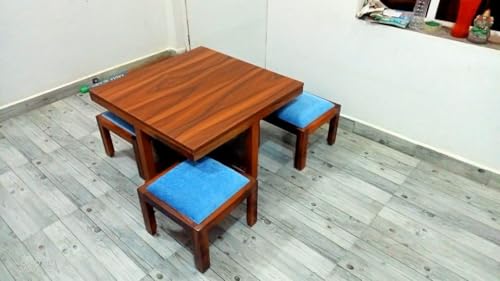 Image of Soild Sheesham Wood Coffee Table with 4 Stool || Coffee Table For Living Room || Wooden Center Coffee Table || Tea Table, Home Office Outdoor Garden Furniture ( Coffee Table 4 seater ) Honey Finish
