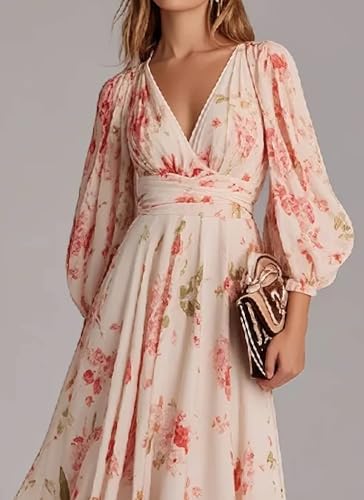 Women's Sweet Pink Floral Print Maxi Dress Elegant V-Neck Long Sleeve Loose Dress Spring and Summer Cool Outfits3