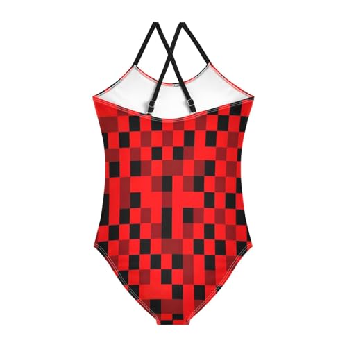 Bathing Suit for Toddler Girls, Summer Beach Bathing Suit 3-10 Y, Black Red Checkerboard2
