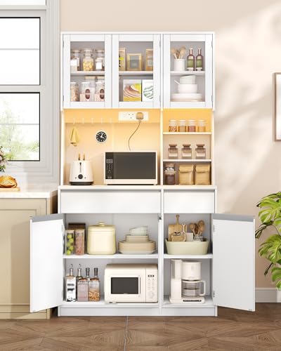 Hzuaneri Kitchen Cupboard with LED & Power Outlet Tall Kitchen Cabinet with Countertop & 2 Drawers Sideboard Storage Cabinet Adjustable Shelves for Dining Room 40 x 100 x 180 cm White PT00103XUK