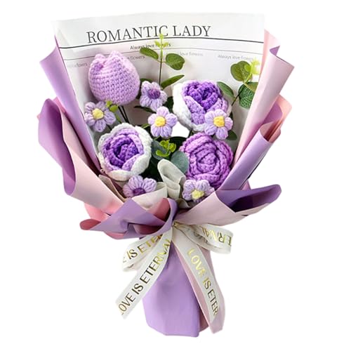 Bouquet de flor de tulipanes de ganchillo, flores de punto morado hechas a mano con una envoltura exquisita, flores de crochet artificiales para mujeres, día de San Valentín, aniversario de cumplea