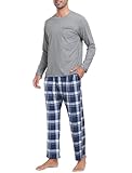 MoFiz Herren Schlafanzug Lang Pyjamaset Winter Weich Warme Langarm Shirt Karierte Pyjamahose Lange Zweiteiliger Loungewear Nachtwäsche Set mit Brusttasche Schwarz EU L
