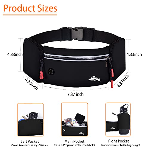 Yf-Tow Running Belt Waist Pack, Running Belt With Water Bottle Holder, Hold A 9.45" Phone's High Capacity Waterproof & Luminous Belt, With Headphone Jack, 3Pockets Design, Hold 500Ml Jug (Black) #TOP1