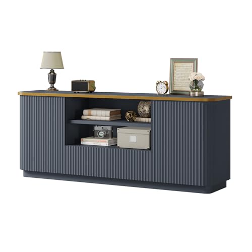 QUW 70 Fluted TV Stand for TVs Up to 80 Modern Entertainment Center with 2 Drawers & Cabinets TV Console with Curved Profile Design Luxury Wooden Media Console for Living Room Navy Blue