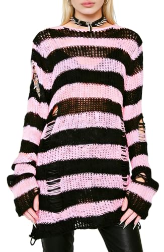 Image of Goth Y2K Striped Sweater Grunge Ripped Punk Gothic Sweaters for Women