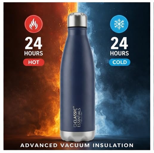 Image of CLASSIC ESSENTIALS Insulated Double Wall Vacuum Stainless Steel Water Bottle 24 Hours Hot and Cold BIS Approved,100% Leakproof Lid,Sweat Proof Water Bottles, Great for Travel Picnic Navy Blue-1000ml