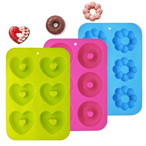 3 Stück Donut Silikonformen Backen Set Donuts Backform Einfach zu Entformen und Reinigen für Donuts Muffins Bagels Kuchen Eiswürfel Schokolade(Runde Blumen und Herz)