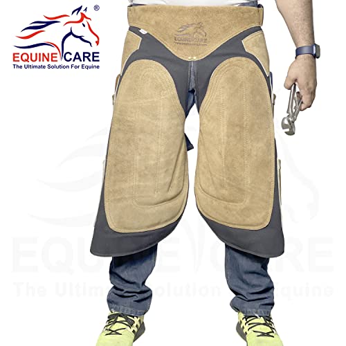 Image of Equine Care Farrier Apron Chaps - Cowhide Suede Leather & Canvas, Adjustable Waist 28 inch-52 inch with Back Support, Tool Pockets & Nail Magnets - 23 inch, 25 inch, 27 inch, 29 inch for Horse Shoeing (27 inches (70 cm))