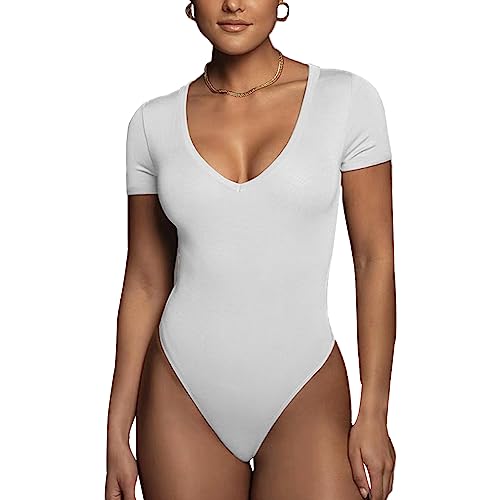 Rongseng Body mulher de manga curta decote em v sexy leotardos bodysuit top elástico uma peça jumpsuit básico cor sólida verão t-shirt Shirts, Branco