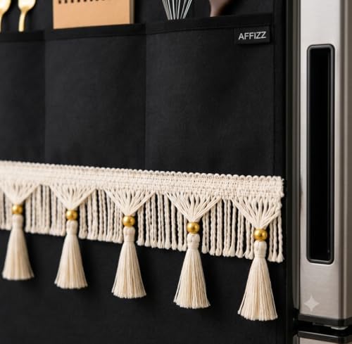 Image of Refrigerator Cover with 6 Storage Pockets | Waterproof & Dustproof Protective Fridge Top Cover | Washable Polyester Kitchen Organizer | 130 x 54 cm | Black