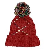 BIBITIME Multicolored Pom Beanie Hat Women Slim Cap Knitted Handmade Winter Warm (One Size, Red)