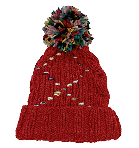 BIBITIME Multicolored Pom Beanie Hat Women Slim Cap Knitted Handmade Winter Warm (One Size, Red)
