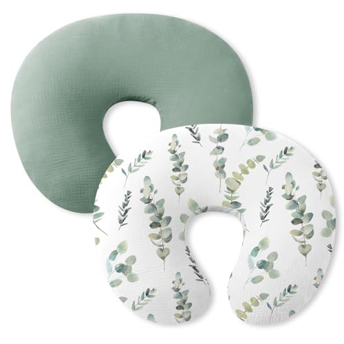 Little Grape Land 2 Pack Nursing Pillow Covers, Stretchy and Soft Nursing Cover for Breastfeeding, Muslin Cotton, Pillow Slipcover for Baby Girls Boys Newborn(Leaves + Green)