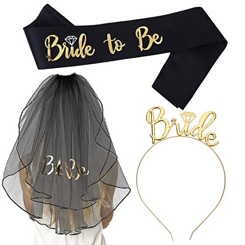 ASTER Bride to Be Set, Bachelorette Party Supplies ridal Shower Decoration Accessories Bride to Be Sash, Bridal Tiara, Veil and Bride Tribe Flash Tattoos (Black)