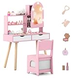 COSTWAY Kinder Schminktisch Set mit LED Spiegelschrank, Frisiertisch Prinzessin mit Beleuchtung, 2 Schubladen, 3 Haken & Zubehör, Kinderschminktisch Holz, Kosmetiktisch für Mädchen ab 3 Jahren (Rosa)