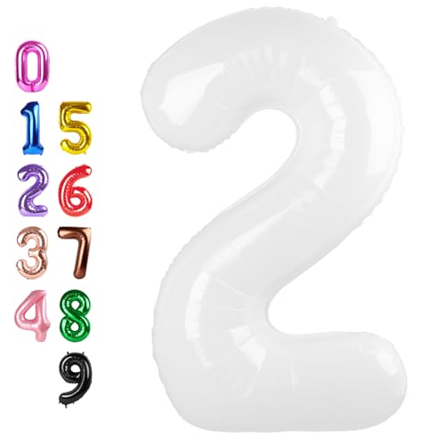 Image of Number Balloons 2 Balloon 40 inch White for 2nd Birthday Party Decoration | Saturated Color, Large 40 inch, With Inflation Straw & Hanging Hole, Great for Bridal Party, Wedding, Thanksgiving, Christmas