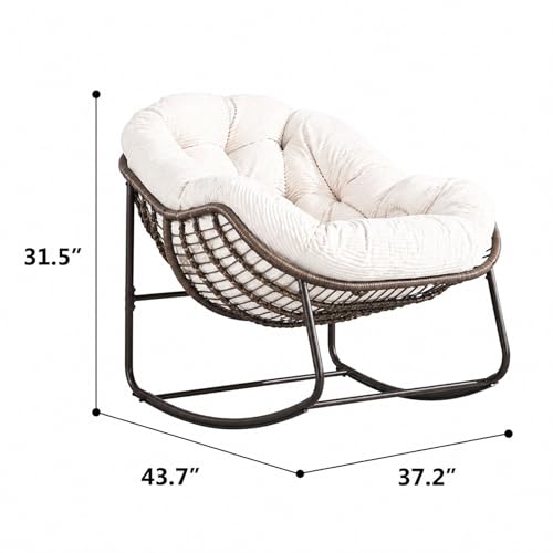 ZRainbowroad Ratten Papasan Rocking Chair, Outdoor Papasan Chair with Cushion, Outdoor Papasan Rocking Chair for Bedroom,Balcony, Porch, Garden (White)