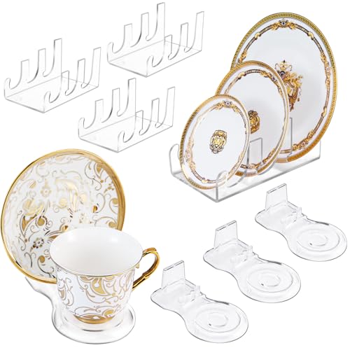 8 Pcs Acrylic Dinnerware Display Stand 4 Pcs 3 Tiers China Plate Display Stand Clear Dinnerware Easel Plate Holder and 4 Pcs Tea Cup Display Stand for Kitchen Utensils Tableware Display
