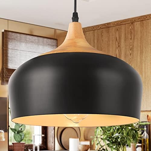 QianZhan Farmhouse Pendant Light Fixtures, Modern Hanging Light with Solid Wood Adjustable Black Pendant Lighting for Kitchen Island Barn Dining Room Bedroom