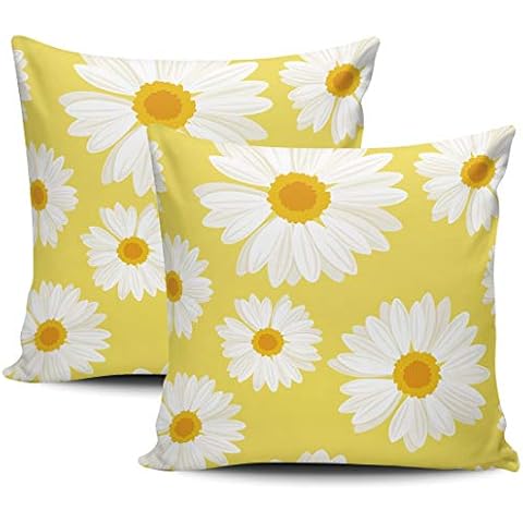 KELEMO Home Set of 2 Pillow Case Yellow White Daisy Fashion Cute Throw Pillow Covers Cushion Decorative Pillowcase Square 16 x 16 Inches Cover