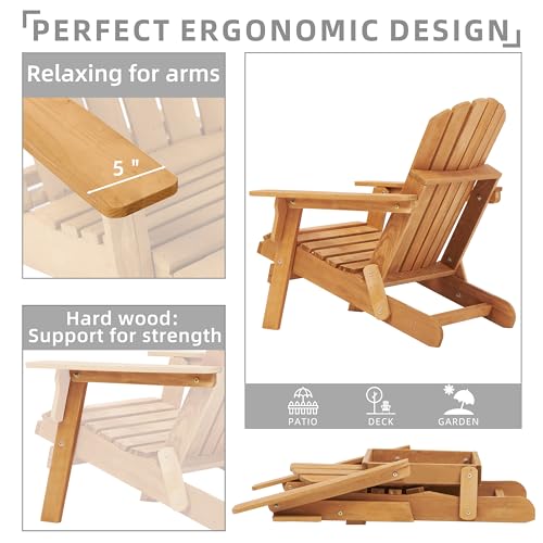 Oversized Outdoor Wooden Folding Adirondack Chair with Retractable Ottoman, Wood Patio Chair with Footrest for Garden Backyard Porch Pool Deck Firepit