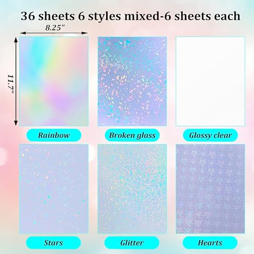 36 Sheets Holographic Sticker Paper A4 Glitter Vinyl Self Adhesive Waterproof Clear Laminating Sheets Rainbow Overlay with 6 Styles Mixed image 3