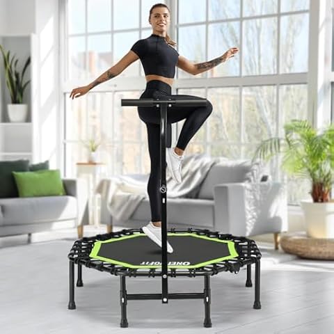 ONETWOFIT Foldable Rebounder Trampoline for Adults, 40/42/ 45” Mini Fitness Trampoline W/Adjustable Foam Handle Bungees, Quiet Exercise Trampoline for Personal Indoor Workout (42IN-with T Handle) Cover