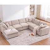 VEPXXP Oversized Modular Sectional Sofa Couch, Large 7 Seater Corner Sofa Modern U Shaped Sectional Couch with Ottoman Cloud Couches for Living Room, Office, Spacious Space, Beige - Chenille