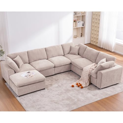 VEPXXP 7-Seater U-Shaped Modular Sofa with Ottoman, Beige