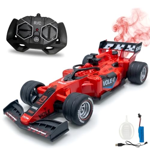 Image of WireScorts Rechargeable High Speed F1 Formula Racing Car with Smoke Spray and Lights for Kids, RC Car for 4-15 Years Old Boys, Racing Car for Kids, Smoke Mist Spray & LED Lights - Red