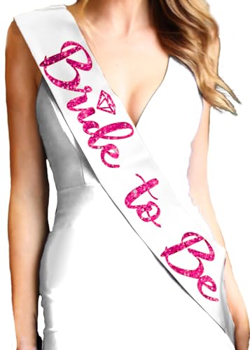 Bachelorette Sashes Pink - Hot Pink Magenta Sparkle Diamond Bride to Be Premium Bridal Grade White Satin Sash - Bridal Sash - White Sash(MagDiaB2B) Wht