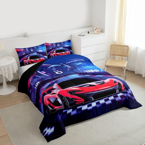 Image of Feelyou Purple Red Race Car Comforter Set Boys Extreme Sports Car Bedding Set for Kids Boys Cool Car Comforter Car Sports Inner Fill Duvet Set 1 Comforter Set with 2 Pillowcases Queen Size